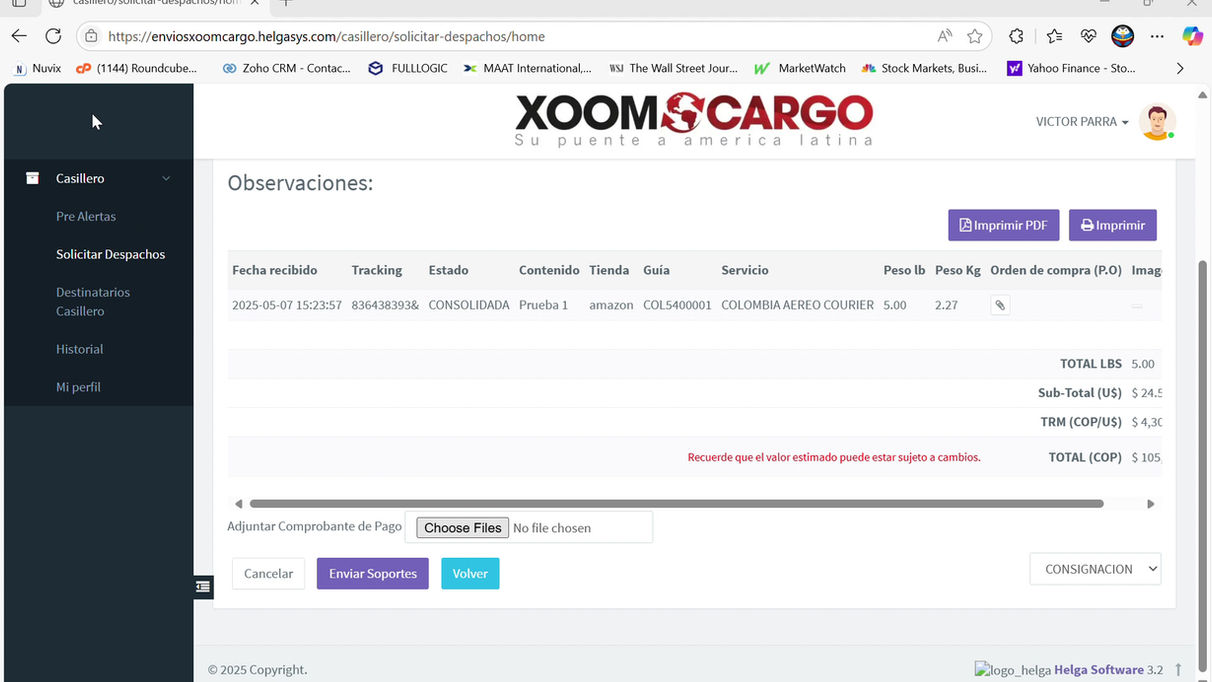 Como ver su factura y anexar el pago de su envio
